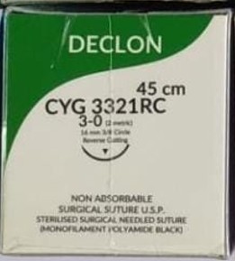 Declon 3'0 - POLYAMIDE Nylon (3/8 rev cutting 16 mm 45 CMS  Non-absorbable surgical suture) Pack of 12