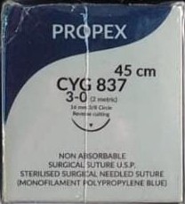 PROLEX 3'0 POLYPROPYLENE (3/8 rev cutting 16 mm 45 CMS – Monofilament Non-absorbable Suture) Pack of 12