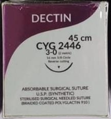 DECTIN 3'0 POLYGLACTIC (3/8 rev cutting 16 mm 45 CMS – Synthetic Absorbable suture) Pack of 12