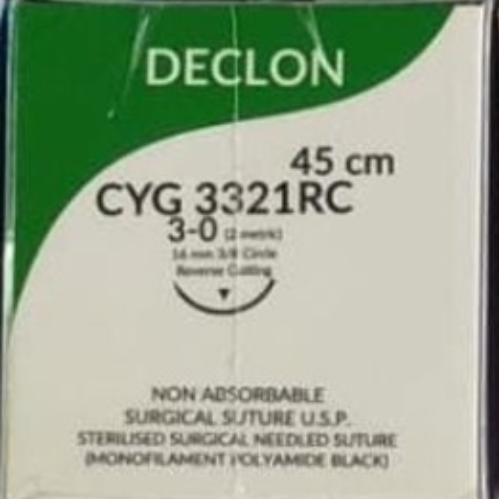 Declon 3'0 - POLYAMIDE Nylon (3/8 rev cutting 16 mm 45 CMS  Non-absorbable surgical suture) Pack of 12